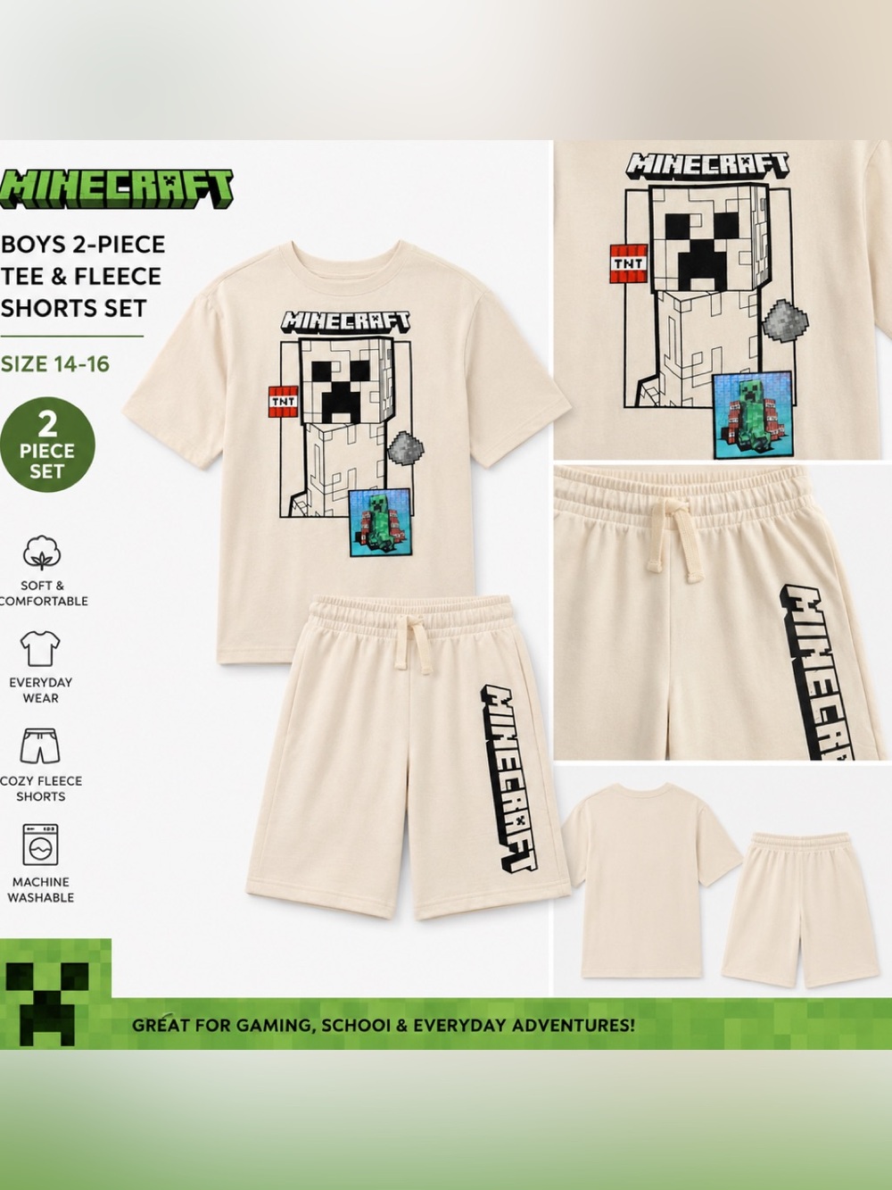 Minecraft Boys Graphic Tee & Fleece Shorts Set | Size 14-16 | 2-Piece | NWT